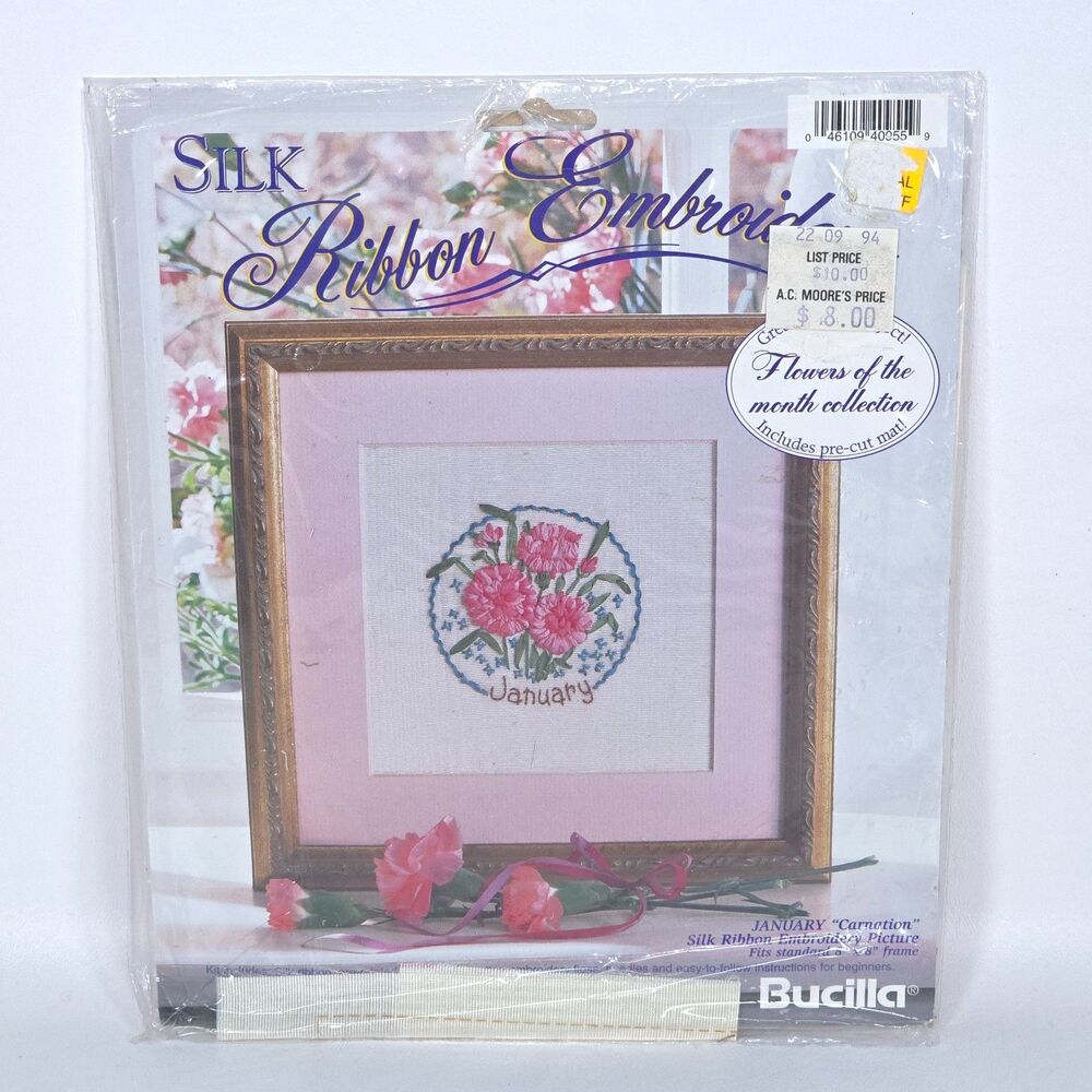 Vintage‎ Bucilla Silk Ribbon Embroidery January Carnation Flowers of the Month